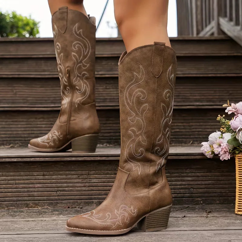 BOTTES BRODÉES À TALON BLOC POUR FEMME