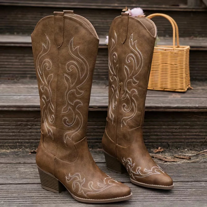 BOTTES BRODÉES À TALON BLOC POUR FEMME