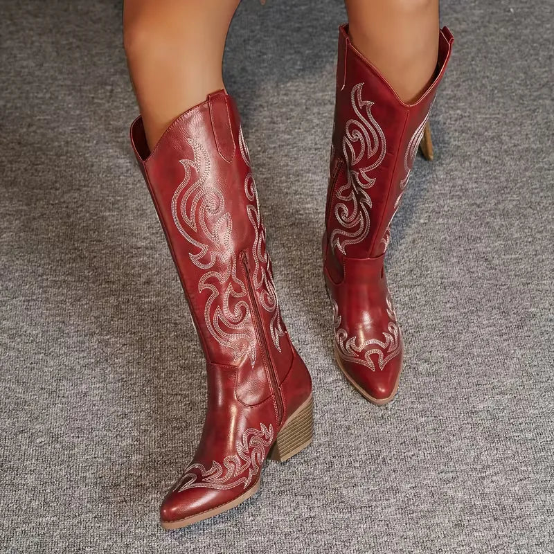 BOTTES BRODÉES À TALON BLOC POUR FEMME