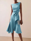 Camille | Robe Midi Sans Manches Col Rond Drapée Asymétrique Femme