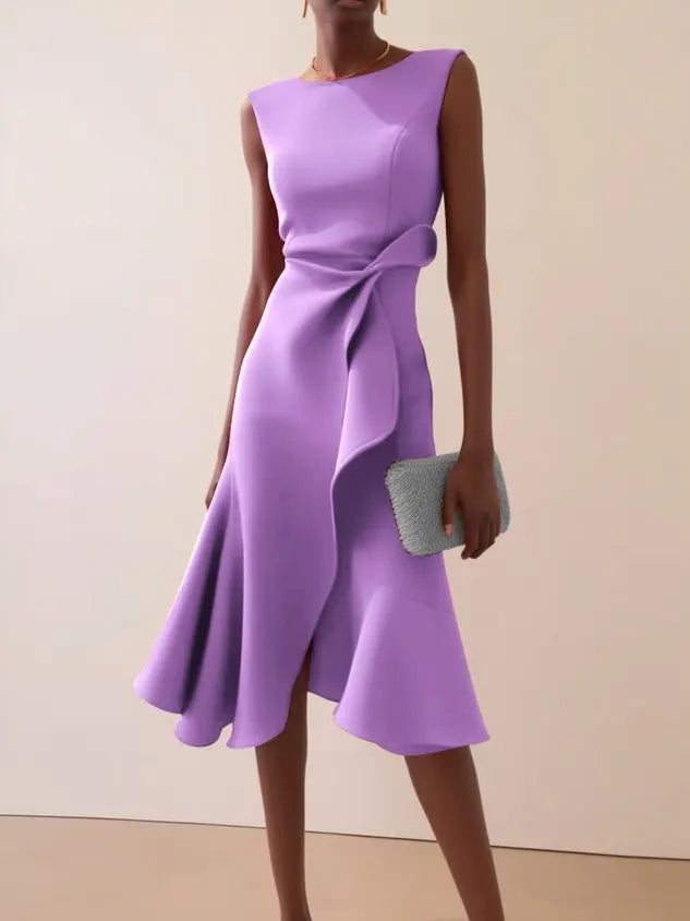 Camille | Robe Midi Sans Manches Col Rond Drapée Asymétrique Femme