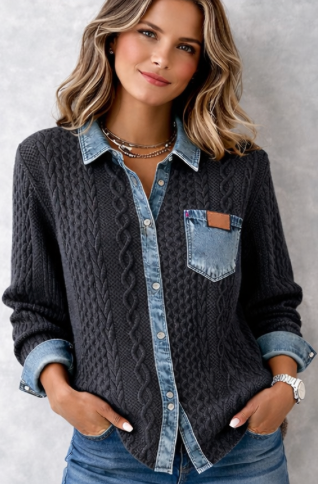 CHEMISE MAILLE FINITIONS DENIM POUR FEMME