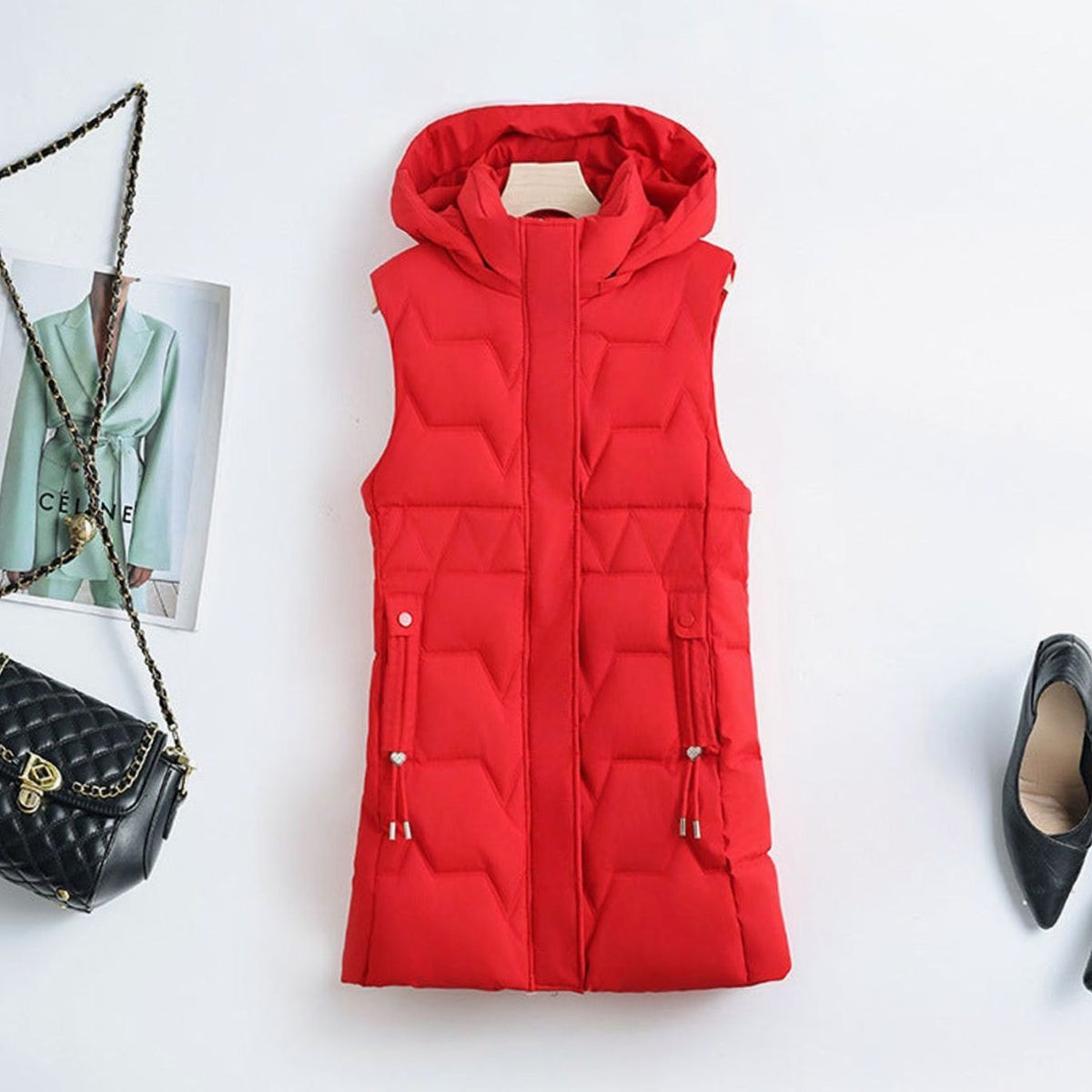 GILET CHEVRON CAPUCHE DOUDOUNE FEMME LONGUE