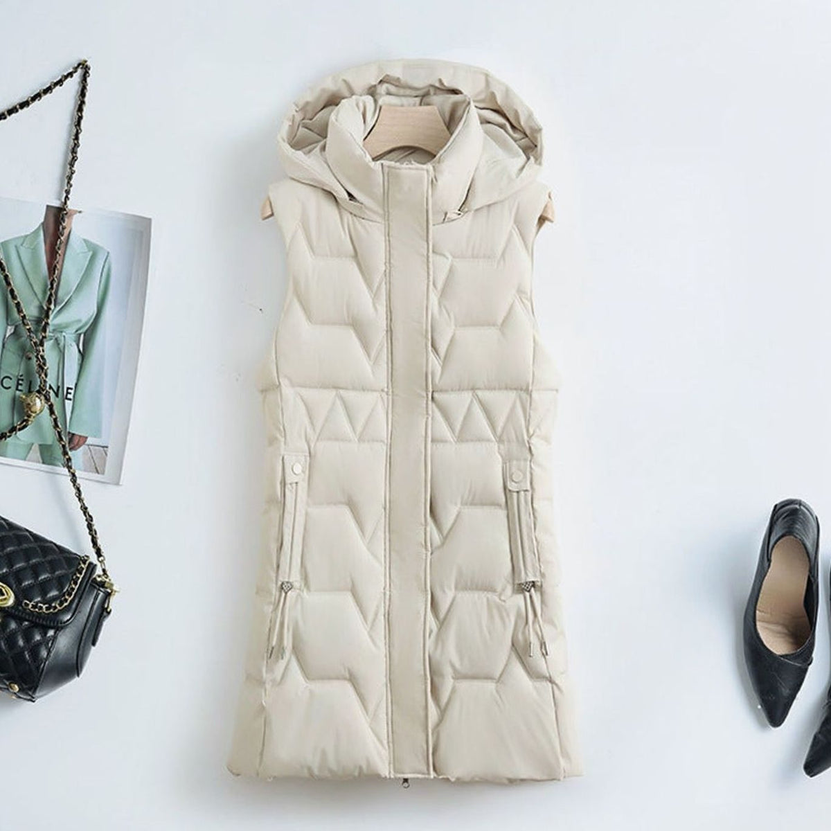 GILET CHEVRON CAPUCHE DOUDOUNE FEMME LONGUE