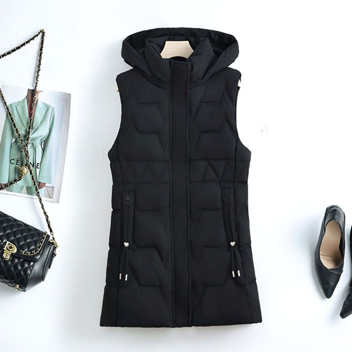 GILET CHEVRON CAPUCHE DOUDOUNE FEMME LONGUE