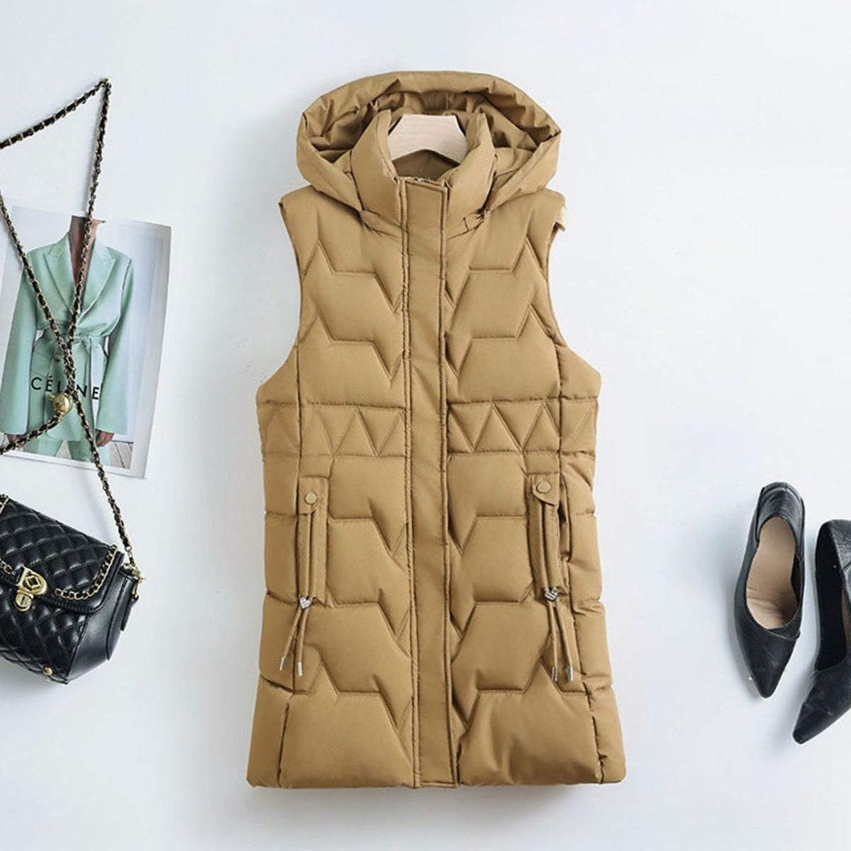 GILET CHEVRON CAPUCHE DOUDOUNE FEMME LONGUE