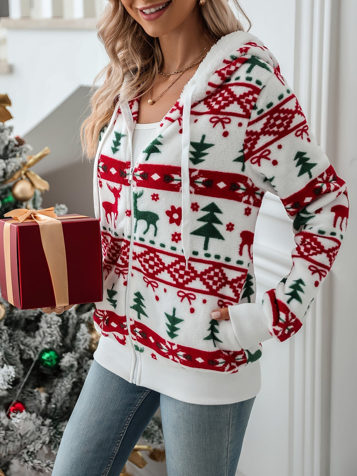 CARDIGAN ZIPPÉ IMPRIMÉ PULL DE NOËL POUR FEMME