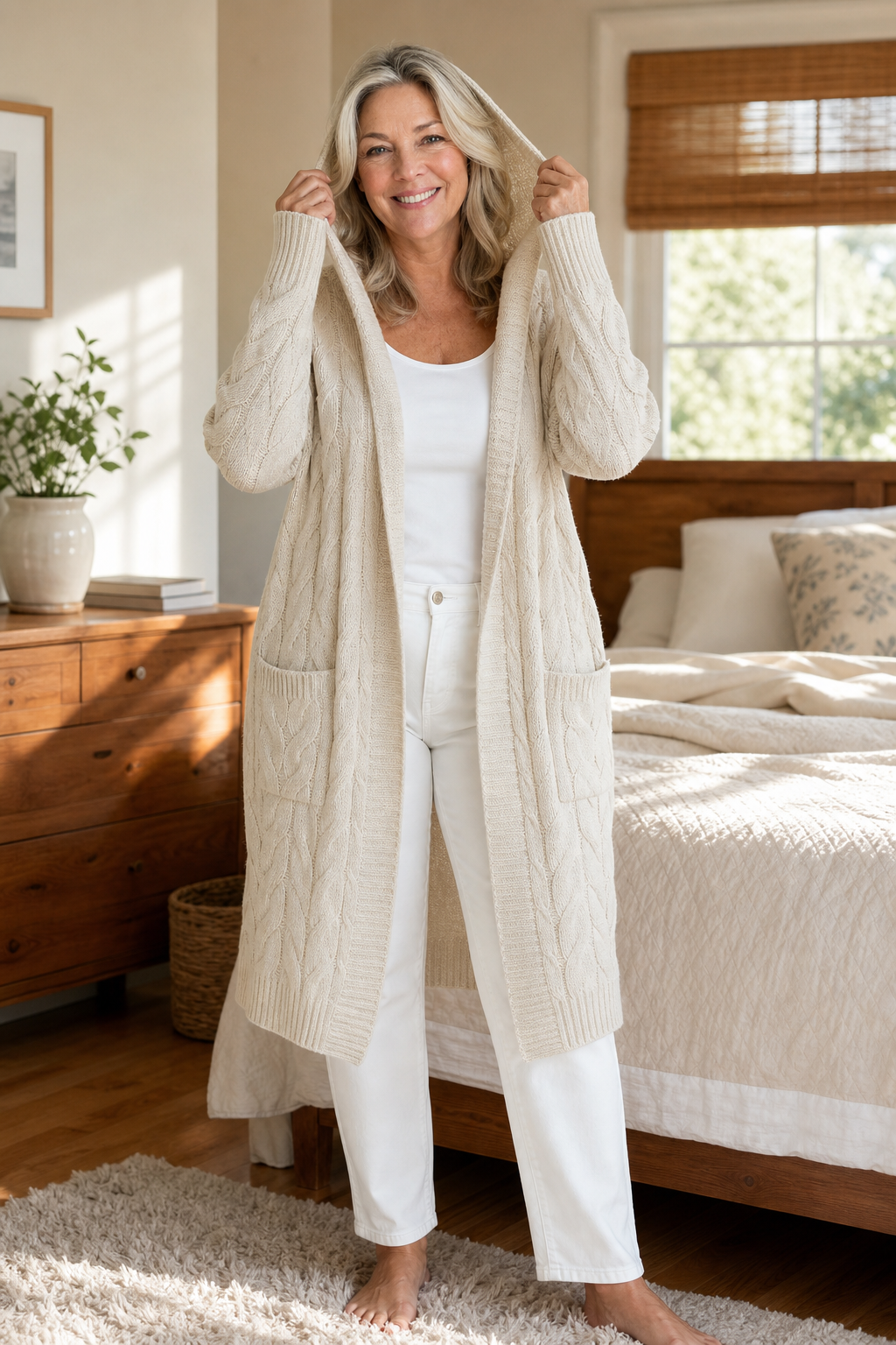 GILET POUR FEMME CAPUCHE MAILLE TORSADÉE