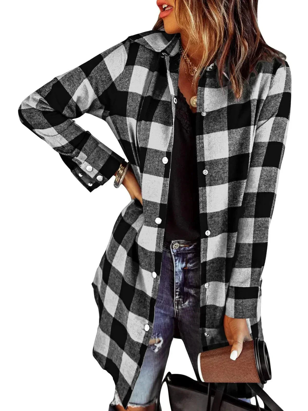VESTE CHEMISE CARREAUX LONGUE POUR FEMME