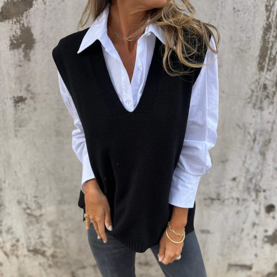 Gilet femme sans manche à col V en maille côtelée